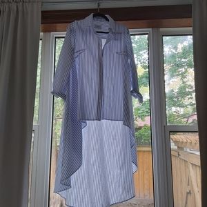 High low blue and white striped dress shirt